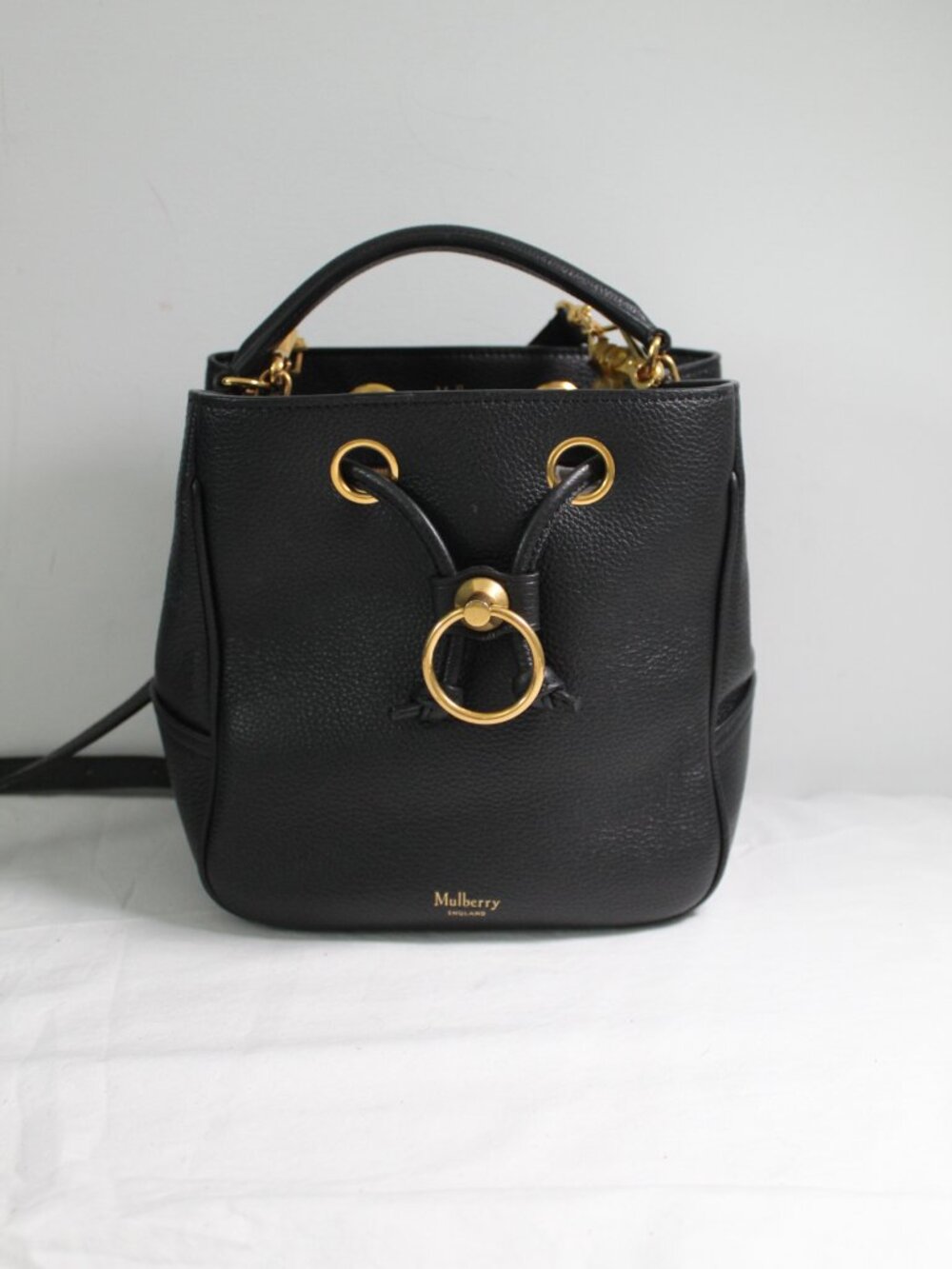 Mulberry Hampstead Bucket Bag Shoulder Bag Top Handle Black Leather Drawstring